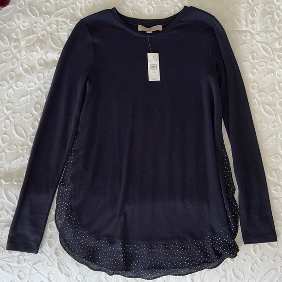 NWT LOFT Long Sleeve Top with Polka Dot Hem - Picture 1 of 4